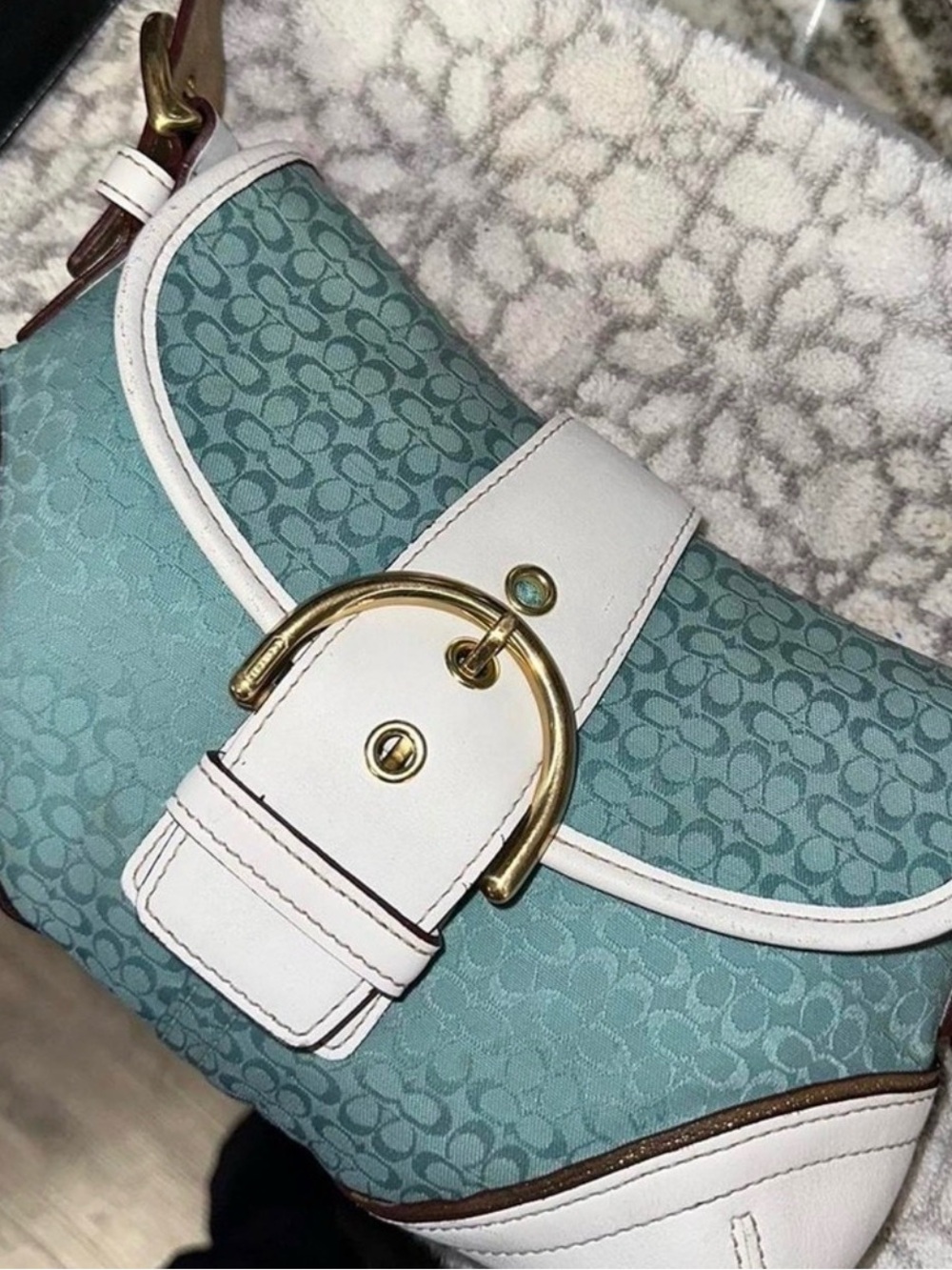 Coach Teal soho Logo Canvas Shoulder Bag with White Leather Trim